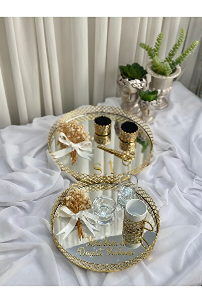 Paparti İsimli Baklava Desen Söz Nişan Tepsi Seti Damat Kahve Fincan Takımı