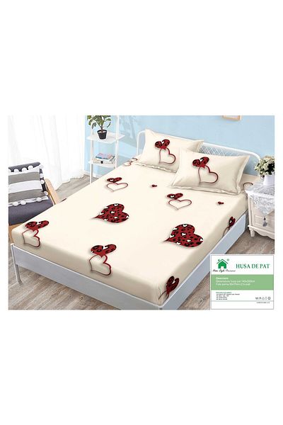 FIONNA.RO Duvet Cover with Elastic and Pillowcases 140x200cm - Cream with Hearts