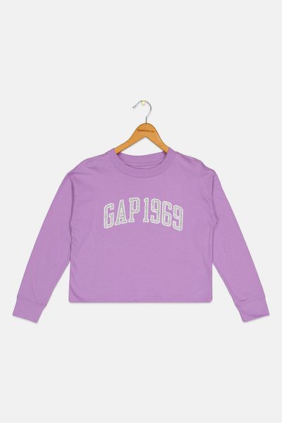 GAP Kids Girl Crew Neck Long Sleeve Graphic Print Tops, Purple