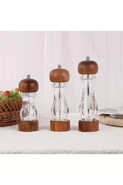DERİK 2 Pieces Bamboo and Acacia Wood Transparent Acrylic Salt and Pepper Seasoning with Wooden Lid