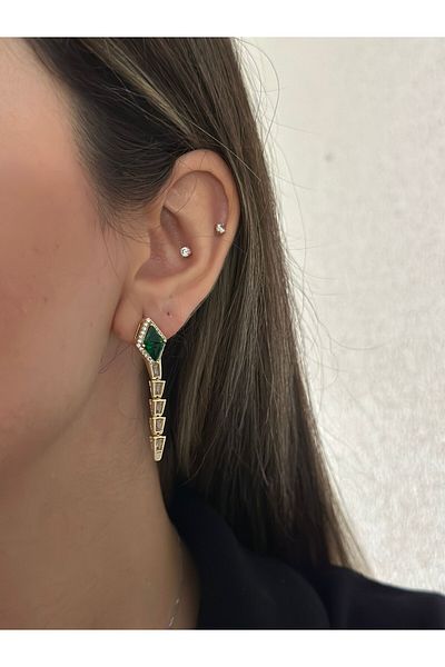 MyladyAccessoriess أقراط على شكل ثعبان مرصعة بحجر الزركون (فولاذ) باللون الأخضر