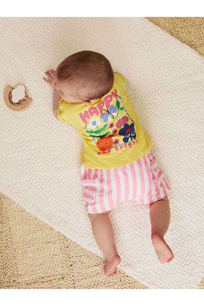 Next Baby Cotton Yellow Pink Floral Patterned Short Sleeve Top and Bottom Set