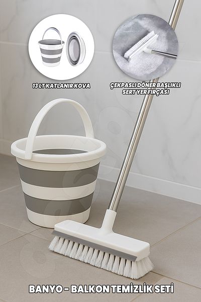 Destpak Bathroom Balcony Cleaning Set - 13 Lt Folding Cleaning Bucket - Hard Brush with Swivel Head with Magnet