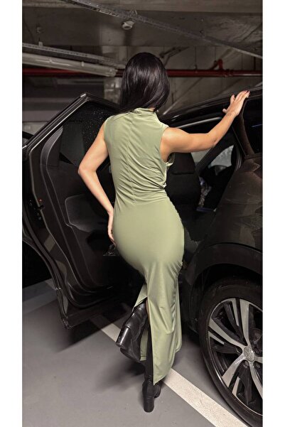 SHEYMA Drape Collar Lined Zippered Gathered Slit Sandy Fabric Khaki Dress