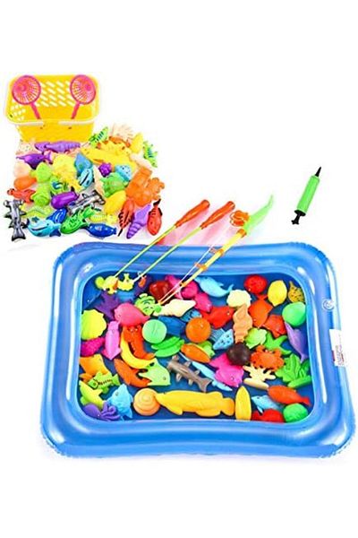 unbranded Children's Magnetic Fishing Game with 3D Fish Models, 50 Pieces with Pool and Inflator