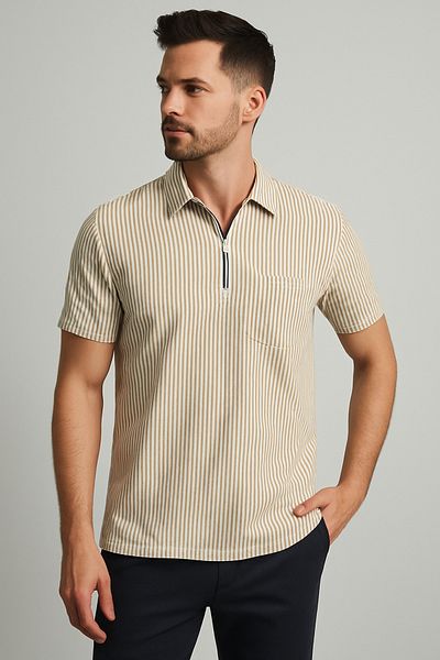 Calista home Cotton Men's Polo Neck Striped Short Sleeve T-Shirt T-Shirt Soft