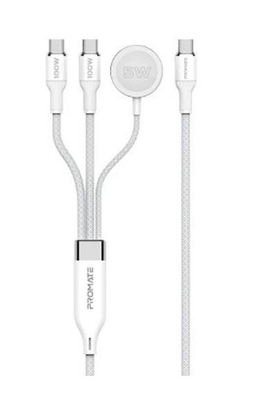 Promate 100W SuperFast USB-C Charging Cable with Dual USB-C Ports, Apple Watch Charger