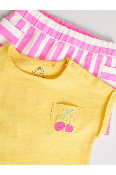 Next Baby Cotton Yellow Pink Floral Patterned Short Sleeve Top and Bottom Set