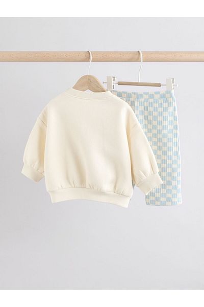Next Baby Cotton White Blue Printed Long Sleeve Top and Bottom Set