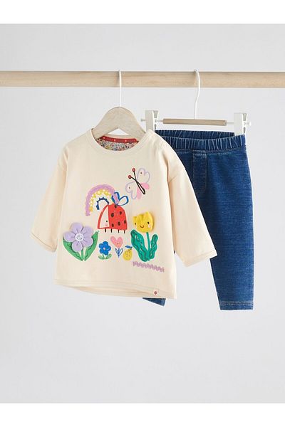 Next Baby Cotton Cream Blue Floral Pattern Long Sleeve Bottom Top Set