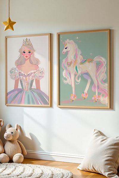 HİGUERA Set de 2 picturi în ulei cu tematică prințesă Feel Girl Camera pentru copii Pictură murală cu cadru din lemn