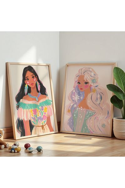 HİGUERA Set de 2 picturi în ulei cu tematică prințesă Feel Girl Camera pentru copii Pictură murală cu cadru din lemn