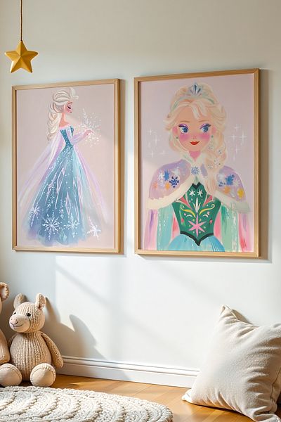 HİGUERA Set de 2 picturi în ulei cu tematică prințesă Frozen Feel pentru camera fetelor, pictură pe perete cu cadru din lemn