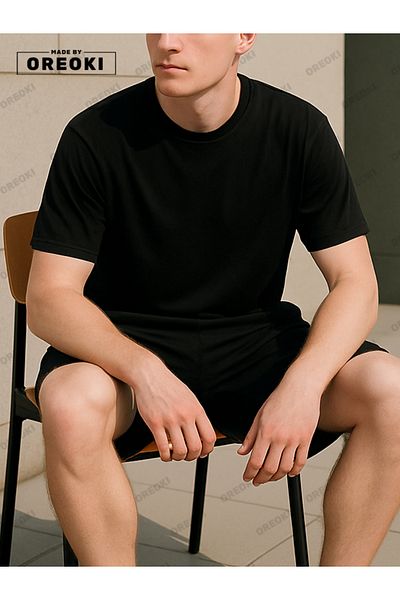 EFFRENATU Men's Black T-Shirt & Basic Shorts Set - Cotton, Relaxed Fit