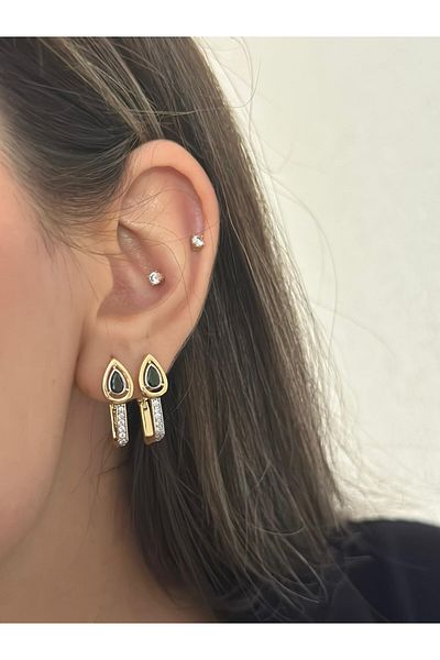MyladyAccessoriess Zircon Stone Detailed Ring Premium Drop Earrings Navy Blue