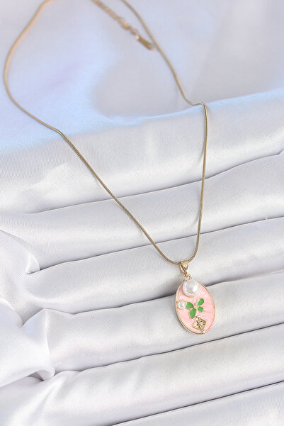 ForWhat قلادة صورة زهرة اللؤلؤ البيضاوية من الفولاذ الذهبي الوردي للمرأة الأنيقة