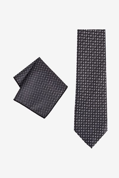 ALTINYILDIZ CLASSICS Men's Black-Grey Patterned Tie-Pocket Square Set