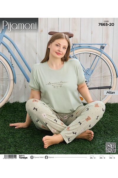 Pijamoni Women's Milan Plus Size Crew Neck Short Sleeve Slim Pajama Set 7665/20 - 1 Piece