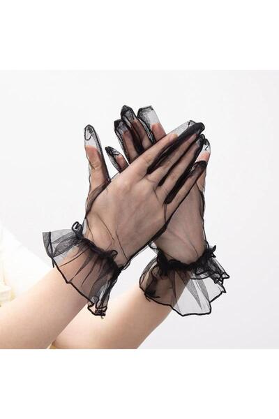 ForWhat Mănuși scurte negre din tul cu material elastic dantelă pentru costum de spectacol la birou, acasă, la birou