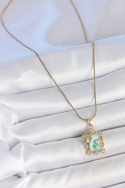 ForWhat Golden Steel Blue Enamel Flower Zircon Butterfly Portrait Necklace for Elegant Woman