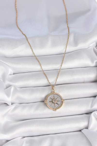 ForWhat قلادة بوصلة من الزركون الذهبي الصلب للمرأة الأنيقة