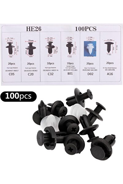 Generic 100Pcs HE26 Car Retainer Clips & Plastic Fasteners Kit - 6 Kinds Nylon Bumper Auto Push Pins Rivets