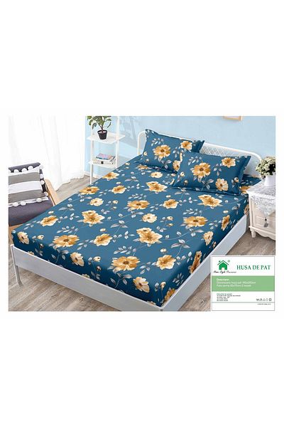 FIONNA.RO Duvet Cover with Elastic and Pillowcases 160x200cm - Blue with Yellow Flowers