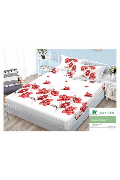 FIONNA.RO Duvet Cover with Elastic and Pillowcases 160x200cm - White with Red Flowers