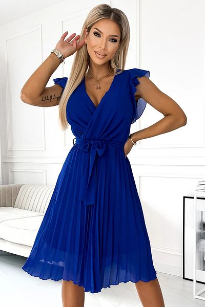 UniqueStore.ro Rochie albastră cu decolteu înfășurat și pliuri elegante - MĂRIME UNICĂ