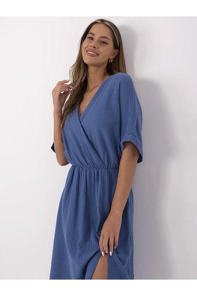 UniqueStore.ro Blue cotton dress with wrap neckline and side slit - ONE SIZE