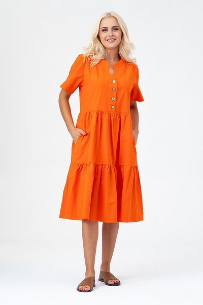 Bold & Young Women's Short Sleeve Half Placket Button Shirred Cotton Dress with Pockets