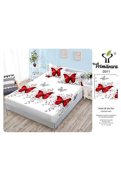 FIONNA.RO Duvet Cover with Elastic and Pillowcases 160x200cm - Red Butterflies