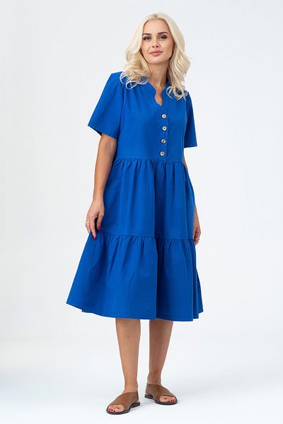 Bold & Young Women's Short Sleeve Half Placket Button Shirred Cotton Dress with Pockets