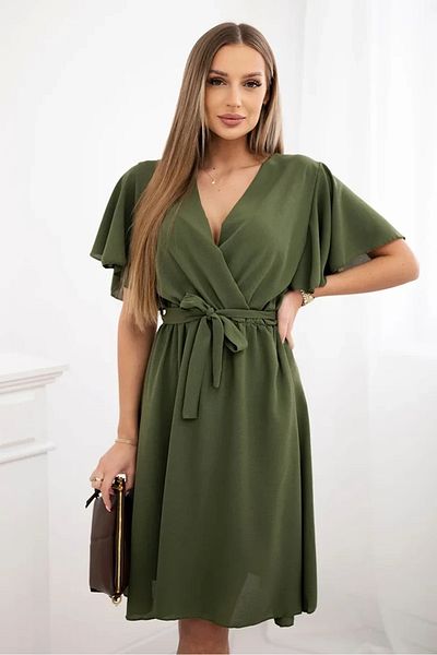 UniqueStore.ro Khaki dress with wrap neckline and drawstring at the waist - ONE SIZE