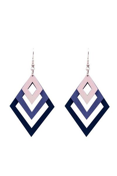 JollyMag Geometric wooden earrings, 3 rhombuses, Purple, 11 x 6 cm