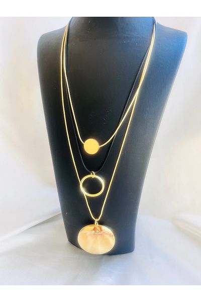 COCOSH TAKI Black Gold Triple Multiple Modern Long Necklace