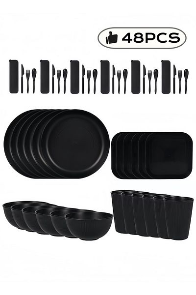 NIHAO 48 Pcs Plastic Dinner Set, Wheat Straw Dinnerware Set,Dessert Plate, Bowls, Cups, Outdoor Dishes