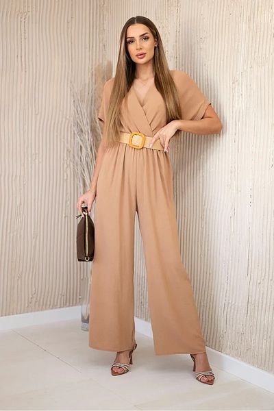 UniqueStore.ro Camel flowy jumpsuit with beige belt - one size