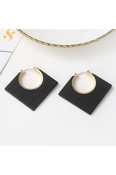 JollyMag Wooden earrings, square shape, Black, 4.7x5.5 cm
