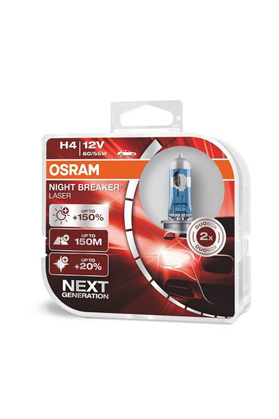 JollyMag Set of 2 Osram H4 12V 60/55W P43t Night Breaker Laser halogen car bulbs +150%