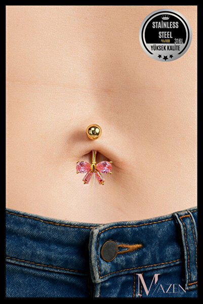 MAZEN 316L Çelik Kararmaz Göbek Piercing | Pembe Taşlı Fiyonk Model | Trend K...