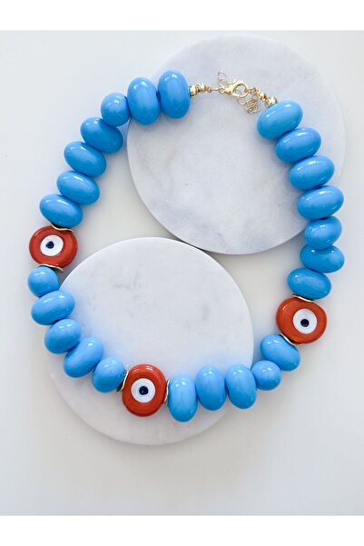 CHARMLUCKY Blue Bead Necklace with Orange Evil Eye