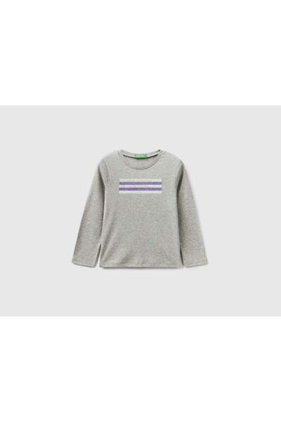 United Colors of Benetton تي شيرت بناتي بأكمام طويلة بتصميم مطبوع