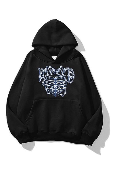 Boi Φούτερ Skeleton Design - Μαύρο εμπριμέ Oversize Χοντρό κουκούλα