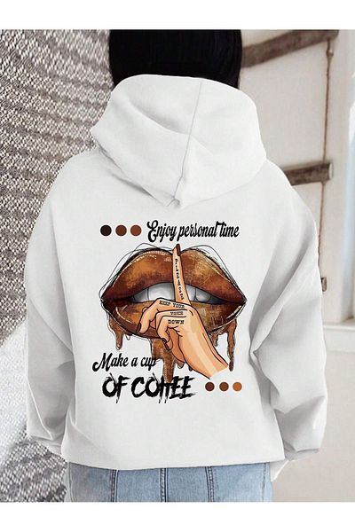 Boi Φούτερ Lip Coffee Φούτερ - Λευκή στάμπα Oversize Χοντρή κουκούλα