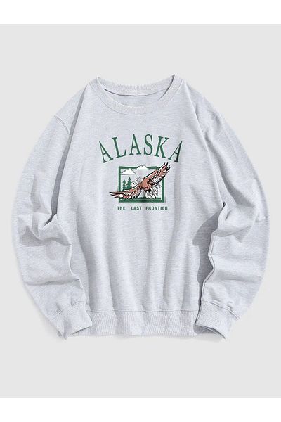 Boi Alaska Eagle Sweatshirt - Black Printed Oversize Thick Crew Neck