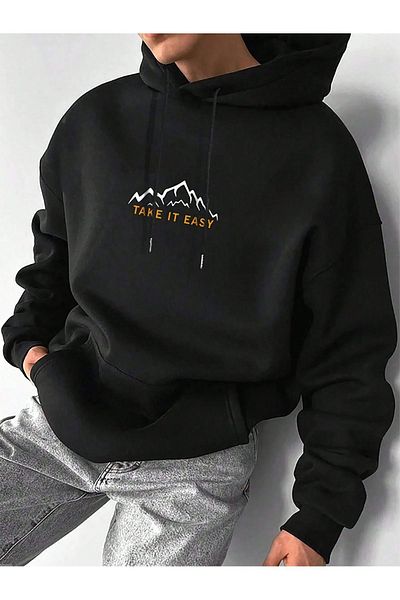 Boi Зимен суитшърт Take It Easy Mountain - Черен, с щампа и дебела качулка