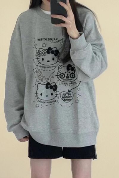 Boi Hello Kitty Χοντρό χειμωνιάτικο φούτερ - Γκρι εμπριμέ Oversize Crew Neck