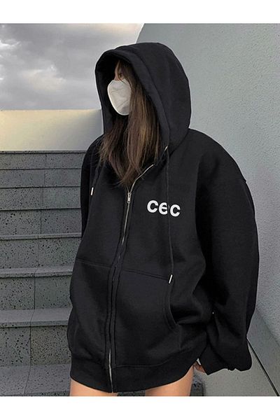 Boi Cec Written Φούτερ Ζακέτα με φερμουάρ - Μαύρη στάμπα Oversize Winter Hoodie με τσέπες