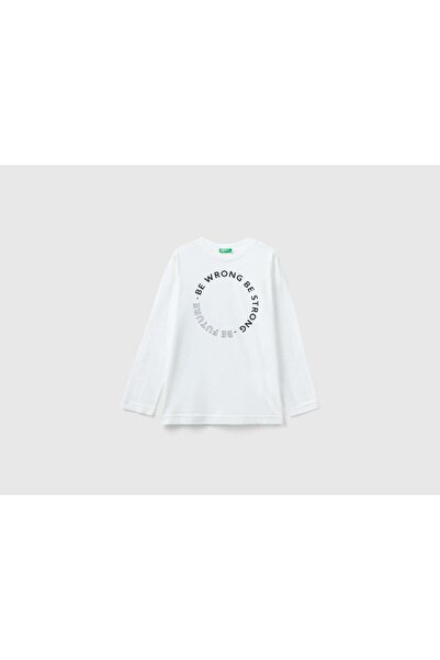 United Colors of Benetton تي شيرت قطني دافئ بأكمام طويلة للأطفال مع طباعة على...